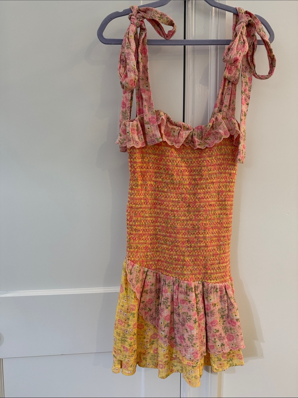 Like new! LoveShackFancy Pink & Yellow Floral Tie-Shoulder Sundress